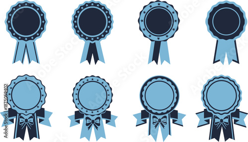 Award ribbon silhouette set, decorative medallions, blue badge designs, achievement symbols, recognition elements, white background, graphic illustration