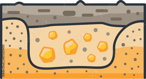 Geological deposite icon in flat art style illustrating a cross-section of earth with gold nuggets embedded