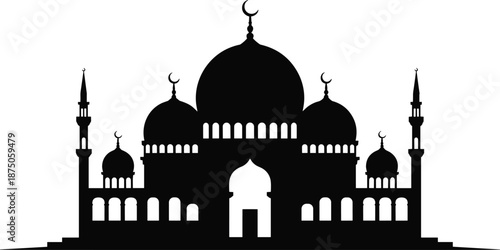 Black mosque silhouette with domes and minarets, Islamic architecture icon, religious building silhouette, Ramadan Kareem and Eid Mubarak celebration background.