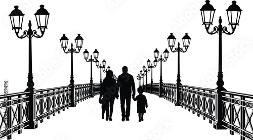 Black silhouette of a family walking on a bridge with vintage street lamps, parents and children strolling, romantic evening promenade.