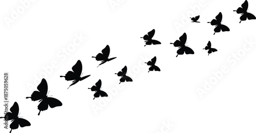 Butterfly silhouettes flying diagonally, black insect shapes, motion effect, transformation symbol, white background, minimal design, nature illustration