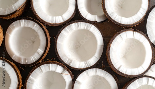 A top-down view of halved coconuts arranged in neat rows, showcasing their natural textures and white flesh