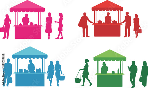 Colorful silhouettes of people at market stalls, outdoor street fair vendors, diverse shoppers, food booth kiosks, and festival trade set.