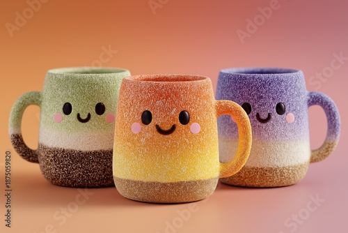 Adorable Ceramic Mugs with Ombre Colors and Happy Expressions