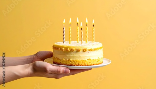 A person holds a vibrant yellow birthday cake topped with candles against a bright, cheerful backdrop