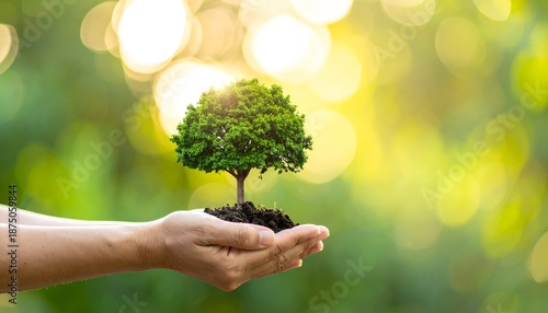 A hand gently cradles a small tree, symbolizing care for the environment amidst a soft, glowing backdrop