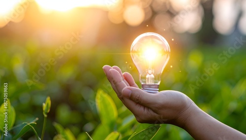 A hand holds a glowing light bulb amidst lush greenery, symbolizing innovation and sustainability at sunset