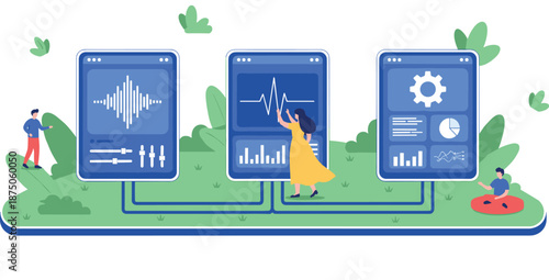 Digital interface in nature, data visualization, health monitoring, analytics dashboard, outdoor technology, modern user interaction scene