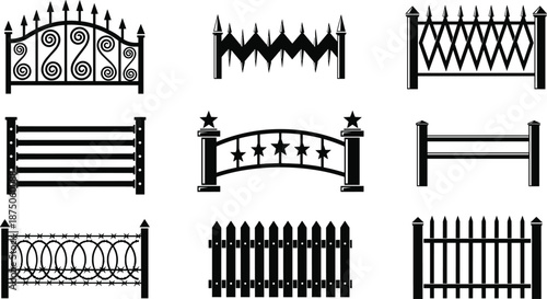 Fence and gate silhouette collection, architectural styles, security design, black illustration, landscaping elements, white background, decorative barrier icons