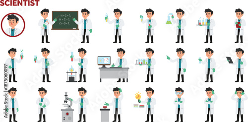 Cartoon scientist in lab coat performing experiments, using microscope, computer, test tubes, burner, flasks, scientific equipment