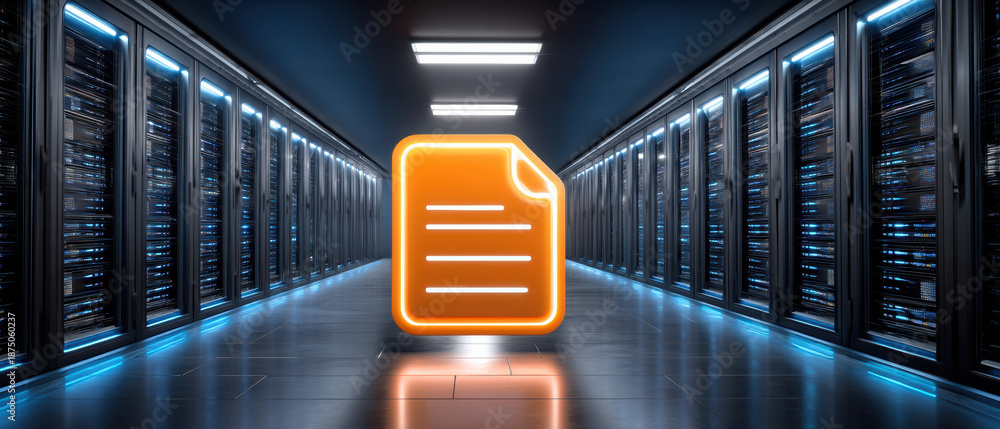 Obraz premium Digital document glowing icon in futuristic server room conveying secure data storage and access