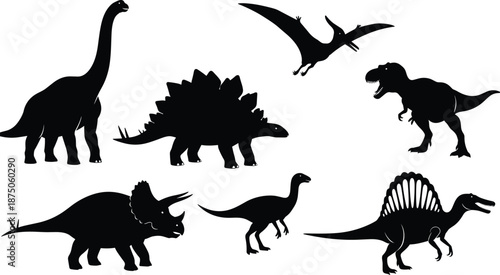 Black Dinosaur Silhouette Set with Tyrannosaurus Rex, Triceratops, Brachiosaurus, Stegosaurus, Pterodactyl, and Spinosaurus for Prehistoric Education, Science, and Graphic Design Projects.
