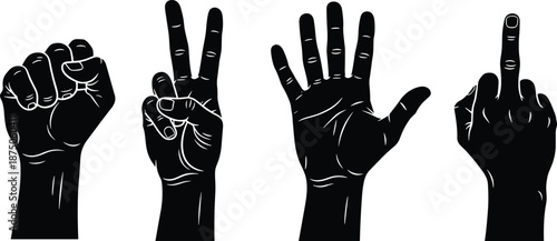 Black Silhouette Hand Gestures Set Including Fist, Peace Sign, Open Palm, and Middle Finger Vector Illustrations for Graphic Design and Communication.