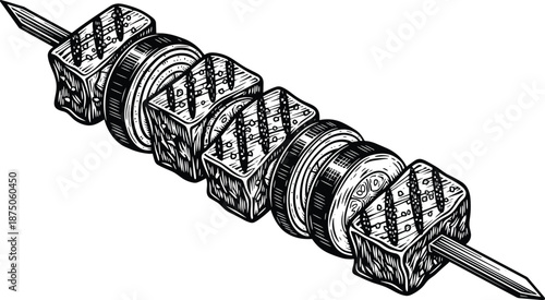 Hand drawn engraved sketch of grilled meat kebab skewer with onions isolated on white background for restaurant menu food design