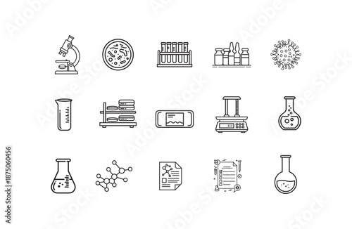 Science and Laboratory Line Icons Set – Medical, Chemistry and Research Symbols