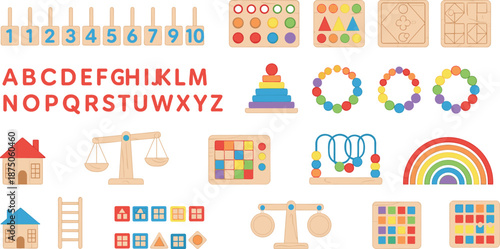 Preschool learning toys, colorful educational tools, shape matching boards, alphabet letters, bead maze, stacking rings, cognitive development play