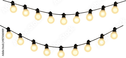 Hanging string lights glowing warmly, festive decoration, ambient lighting, outdoor setup, cozy atmosphere, black wire bulbs, white background illustration