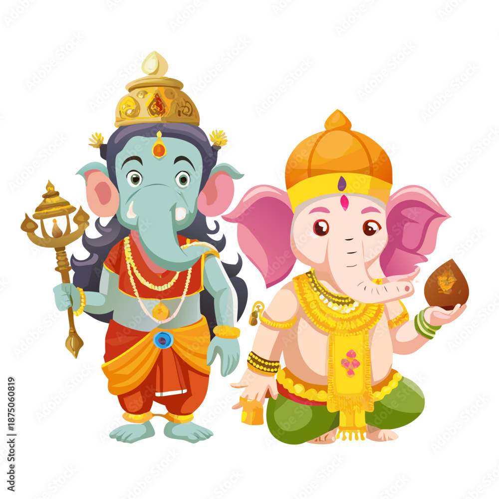 Naklejka premium Indian Gods Set, Agni, Ganesha, Indra Idols Cartoon Vector Illustration 
