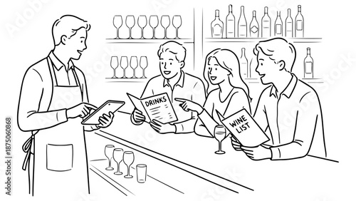 three friends ordering drinks to the bartender in the bar simple line art black and white vector illustration