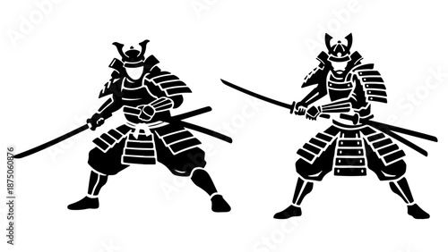 same Samurai in two fighting poses black and white shape vector illustrations