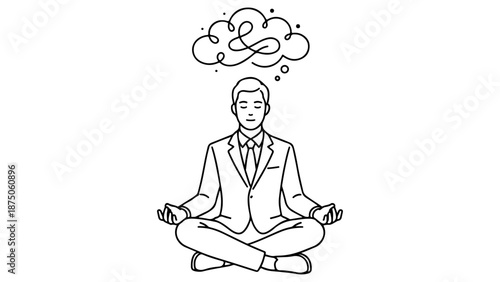 man meditating and clearing mind line art illustration on white background