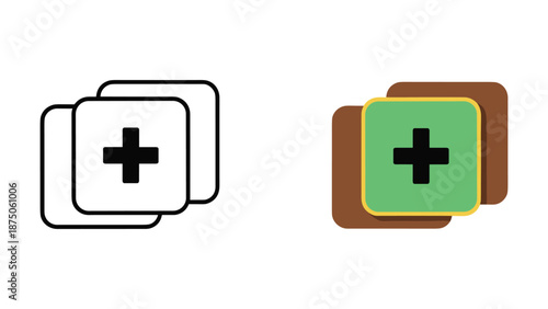 Medical icons with plus symbol on overlapping squares