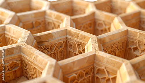 Close-up of intricate, honeycomb-like stonework with carved details