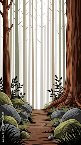 A serene forest pathway vector illustration with trees, rocks, and foliage in a tranquil natural environment from a ground-level viewpoint like in 4.eps