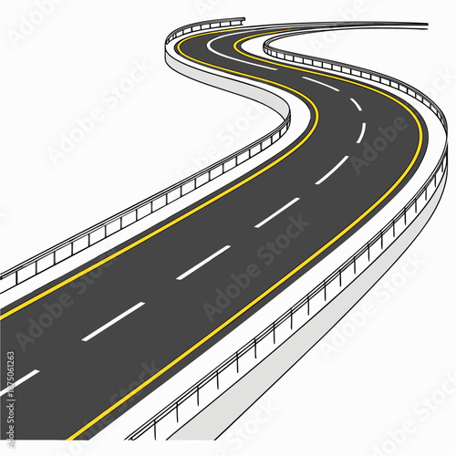 "Curved Multi-Lane Highway Illustration with Guardrails and Center Divider"
