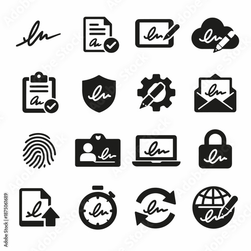 Set of digital signature icons for electronic document verification and security