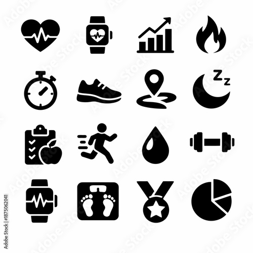 Health and fitness icons: heartbeat, watch, running, nutrition, sleep, exercise