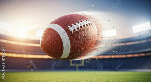 Football in motion, soaring through the air above a vibrant green field, with stadium lights illuminating the background, capturing the excitement of a game day atmosphere