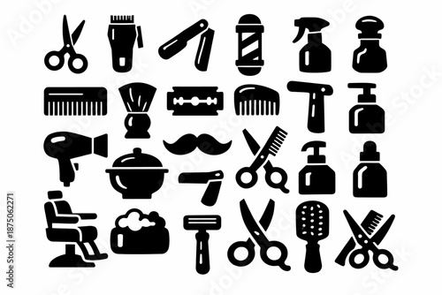 Set of black and white barber tools and accessories icons