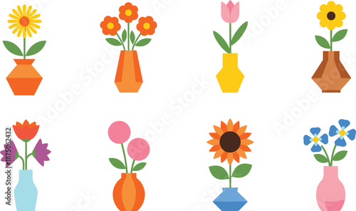 Flat vector flower vase set with colorful blossoms, sunflower, tulip, daisy, spring floral arrangements, home interior decor icons, botanical collection.