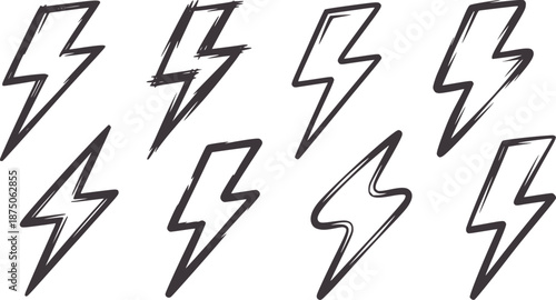 Collection of eight hand drawn dark grey lightning bolt symbols electricity energy