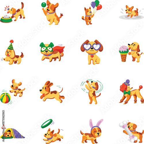 1.Collection of Dogs Playing Flat Style Icons 
