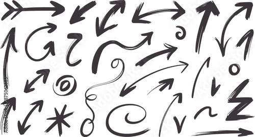Collection of hand drawn dark gray arrows and symbols