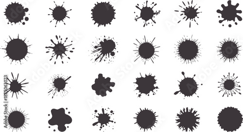 Collection of twenty four dark grey ink splatters and splashes
