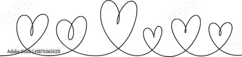 Continuous line of six hearts in varying sizes love symbol