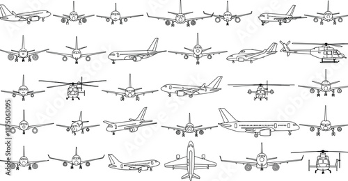 Set of black and white airplane line art icons, various aircraft types, commercial planes and helicopters, aviation transportation vector collection.
