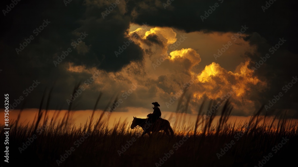 Fototapeta premium At sunset, a lonely Gao Qiao rode on horseback, facing the Pampas grassland. Inspiring travel planning designed specifically for outdoor magazines and nature guides.
