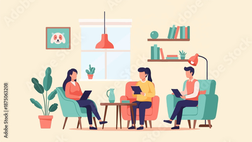 Illustration of three people in a cozy living room sitting in armchairs and using digital tablets