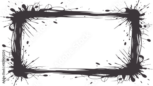 Dark gray ink splatter rectangular frame with abstract brush strokes black border