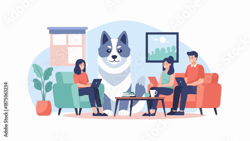 Illustration of three people working on laptops in a cozy living room with a giant, friendly husky