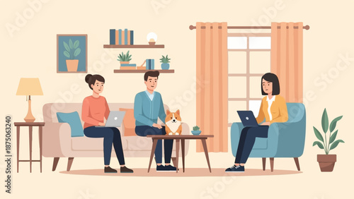 Illustration of three people working on laptops with a dog in a cozy, modern living room