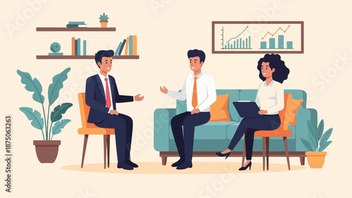 Illustration of three professionals in a relaxed office meeting, discussing strategy and growth