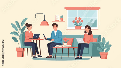 Illustration of three people working remotely on laptops in a cozy, plant-filled living room
