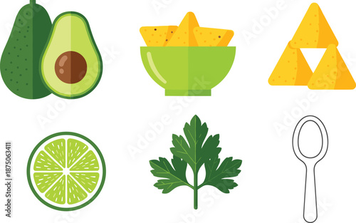 Isolated flat vector icon set of mexican food including fresh avocado halves, tortilla nachos, lime slice, and green cilantro herb.