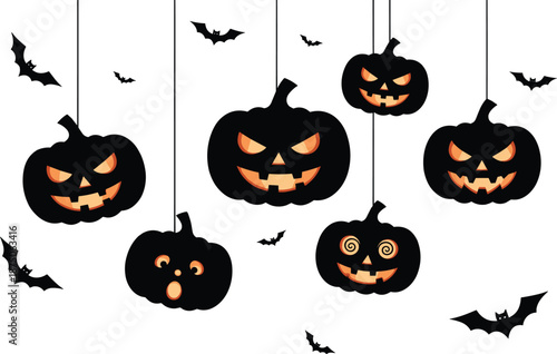 Set of hanging jack o lantern pumpkins and flying bats silhouettes, spooky Halloween holiday background, festive orange and black party decorations.