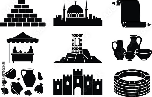 Set of historical black silhouettes including mosque, fortress, ancient pottery, stone wall, marketplace stall, and tower for heritage design, travel.